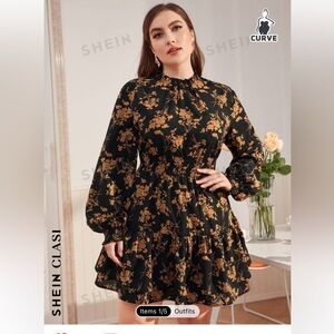 SHEIN Clasi Plus Frilled Neck Shirred Panel Lantern Sleeve Floral Dress